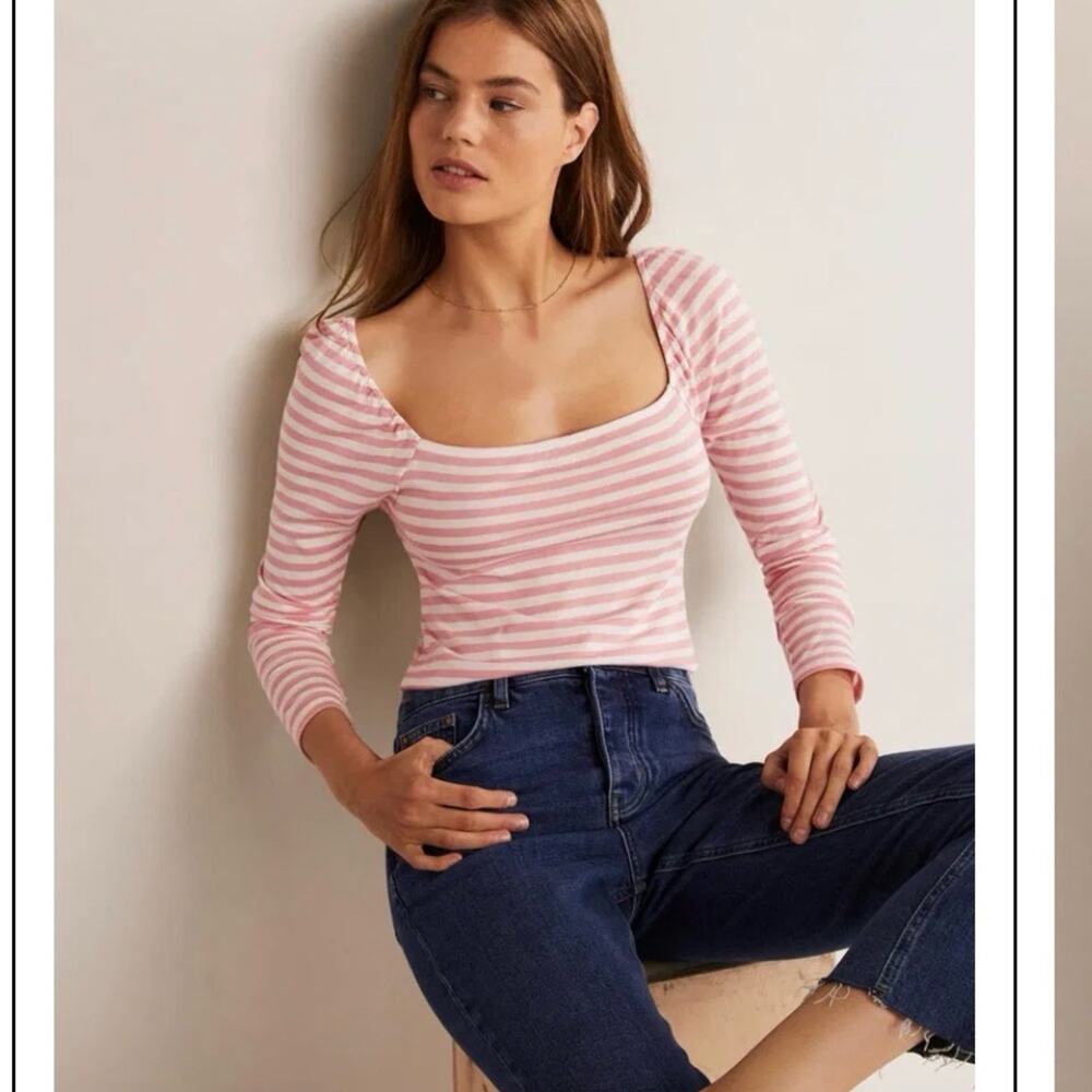 Boden | Square Neck Jersey Long Sleeve Stripe Pink White Size 16/18